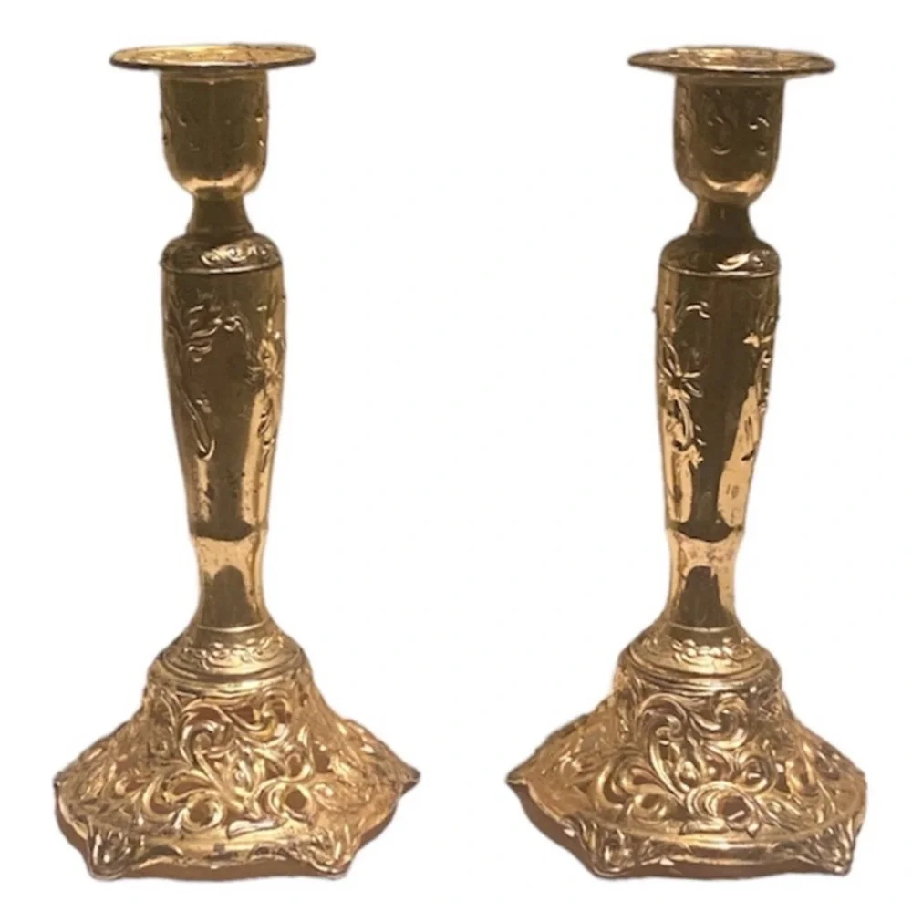 Vintage Candlesticks Set Candle Holders Ornate Cast Metal Brass Gold Filigree